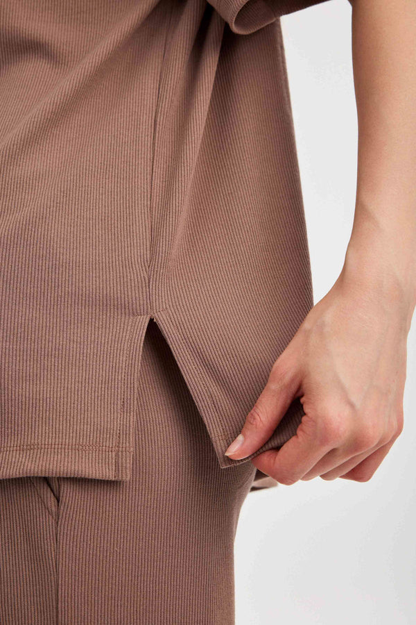Light Brown Ribbed Short-Sleeve Top