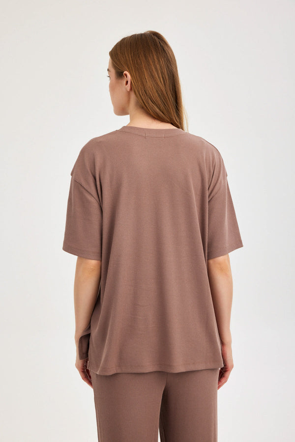 Light Brown Ribbed Short-Sleeve Top
