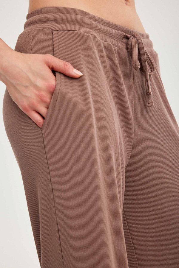 Light Brown Ribbed Wide-Leg Trousers