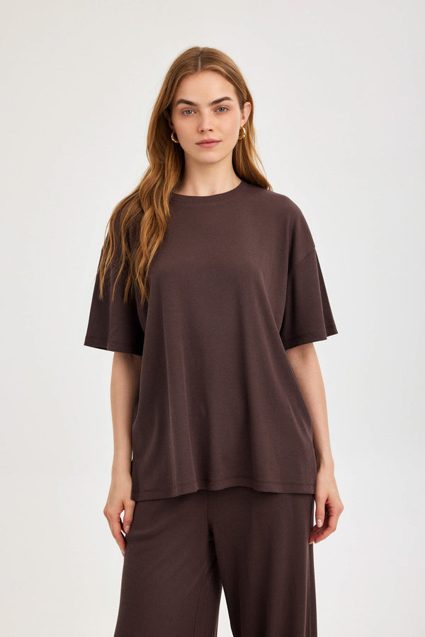 Americano Brown Ribbed Short-Sleeve Top
