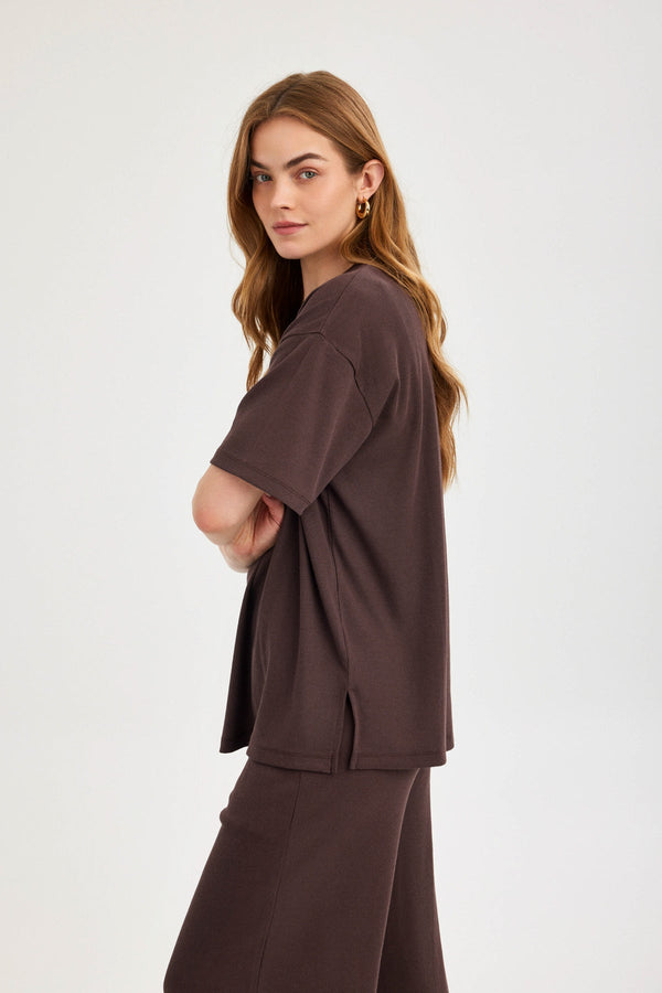Americano Brown Ribbed Short-Sleeve Top