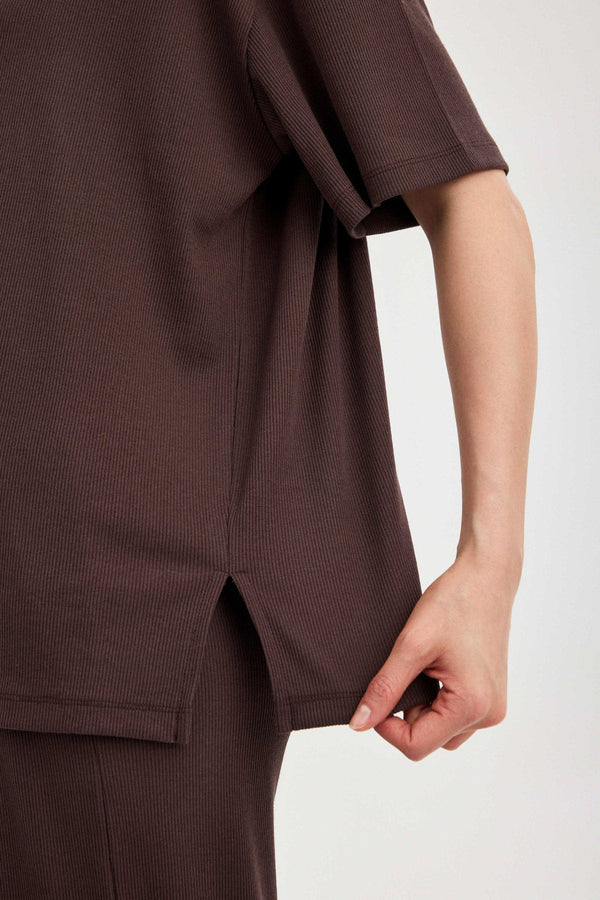 Americano Brown Ribbed Short-Sleeve Top