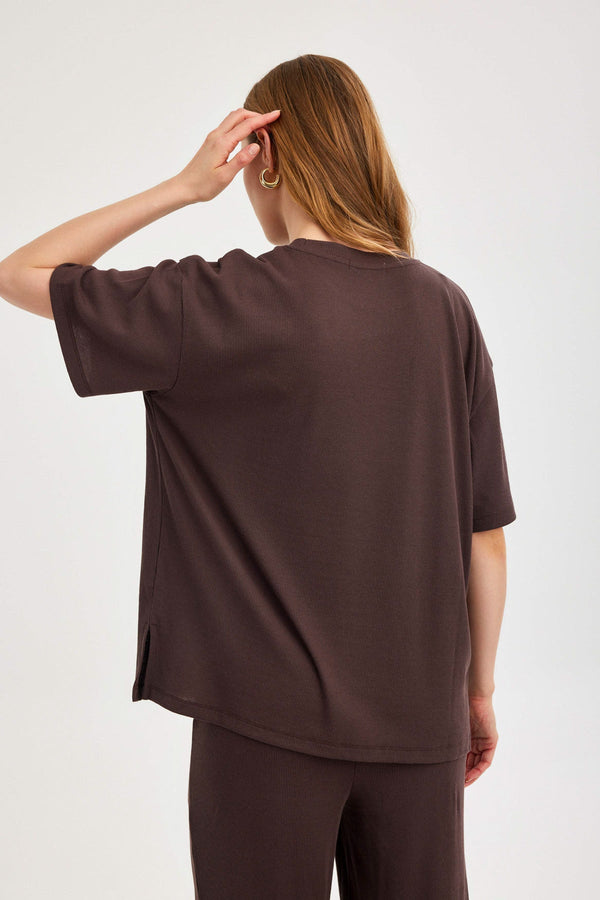 Americano Brown Ribbed Short-Sleeve Top