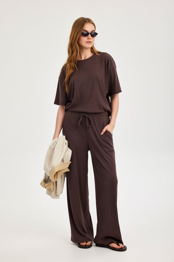 Americano Brown Ribbed Wide-Leg Trousers