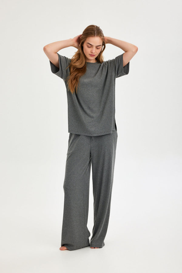 Dark Grey Ribbed Wide-Leg Trousers