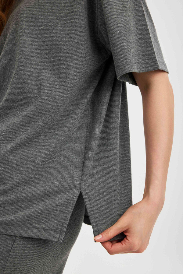 Dark Grey Ribbed Short-Sleeve Top