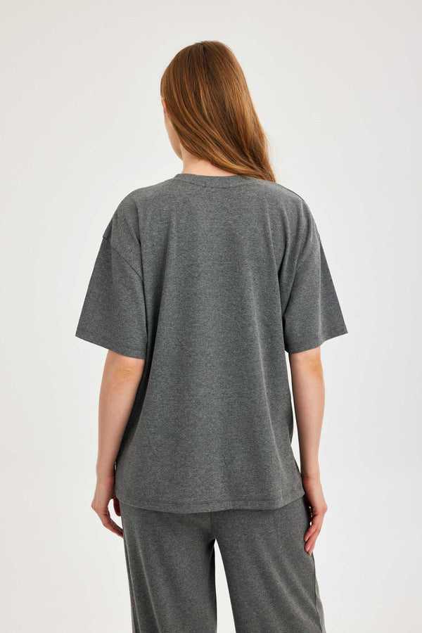 Dark Grey Ribbed Short-Sleeve Top
