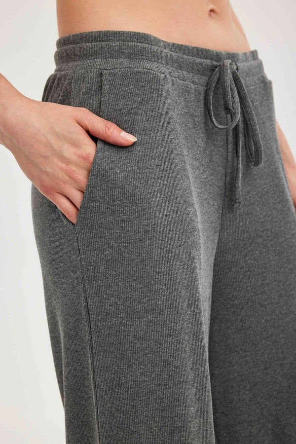 Dark Grey Ribbed Wide-Leg Trousers
