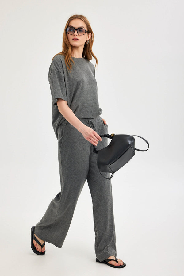 Dark Grey Ribbed Wide-Leg Trousers