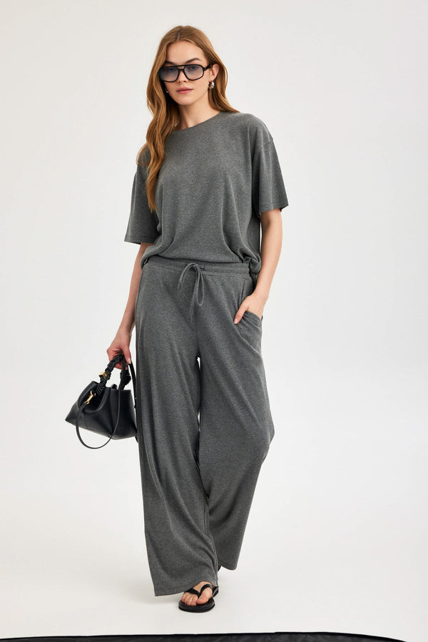 Dark Grey Ribbed Wide-Leg Trousers