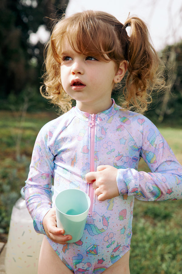 GIRLS LONG SLEEVE SWIMSUIT IN SHINY UNICORN PRINT