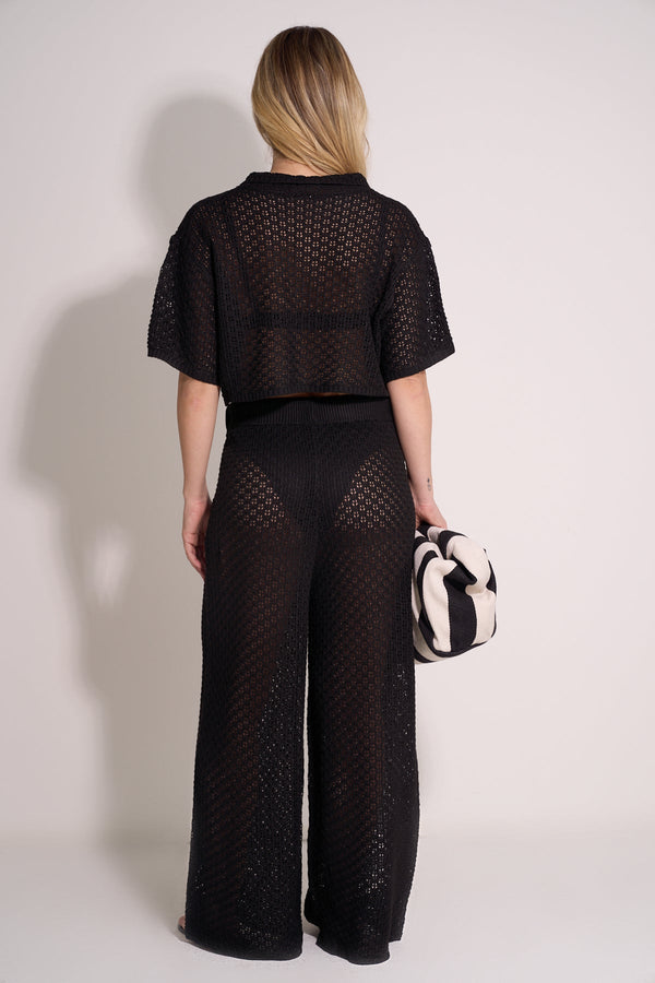 CROCHET SHORT SLEEVE SHIRT - BLACK