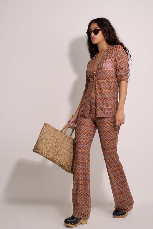 BROWN ZIGZAG FLARE PANTS