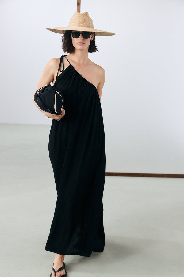 Marrakech One Shoulder Tie Maxi Dress - Black
