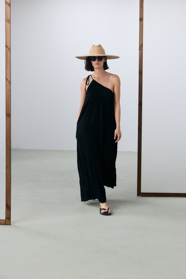 Marrakech One Shoulder Tie Maxi Dress - Black