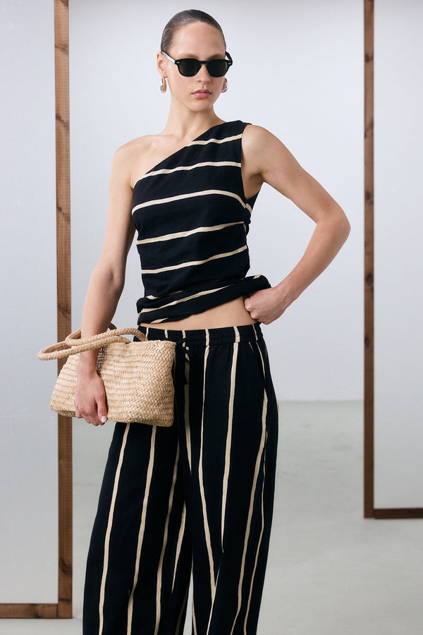 Ibiza One Shoulder Top - Black Stripe