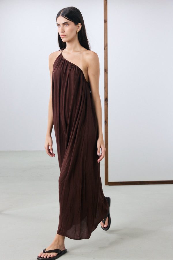 Marrakech One Shoulder Tie Maxi Dress - Brown