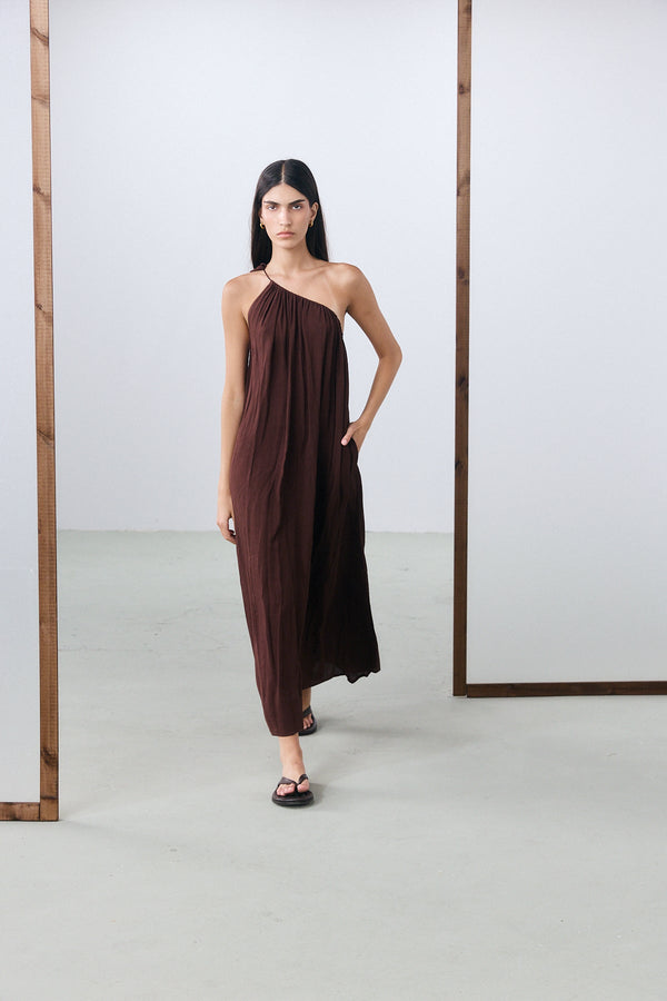 Marrakech One Shoulder Tie Maxi Dress - Brown