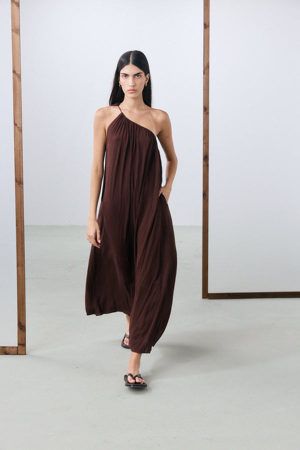 Marrakech One Shoulder Tie Maxi Dress - Brown