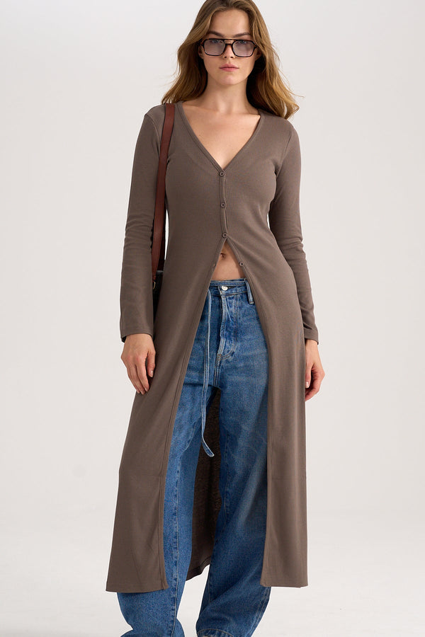 Longline Rib Cardigan in Brown
