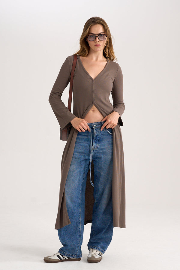 Longline Rib Cardigan in Brown