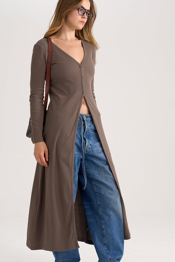 Longline Rib Cardigan in Brown