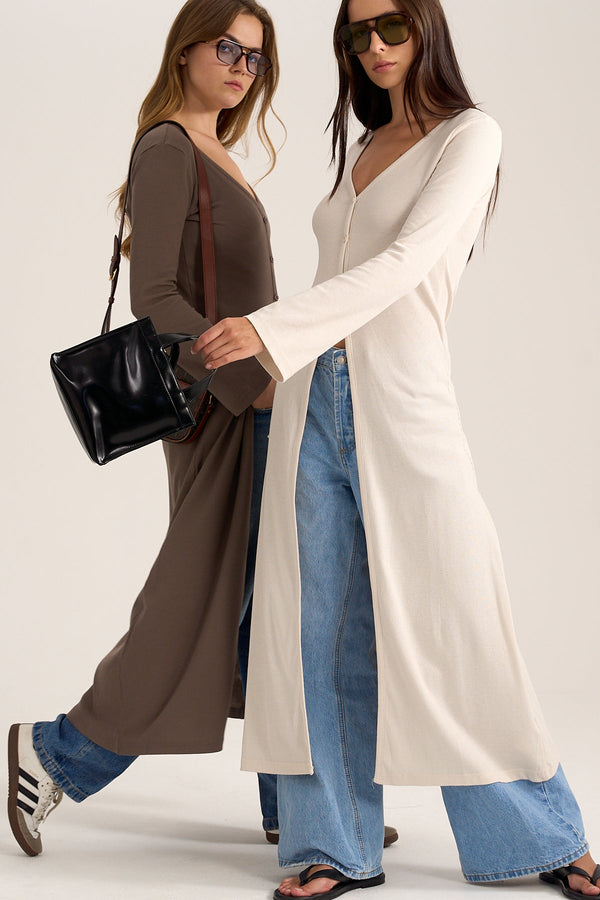 Longline Rib Cardigan in Stone