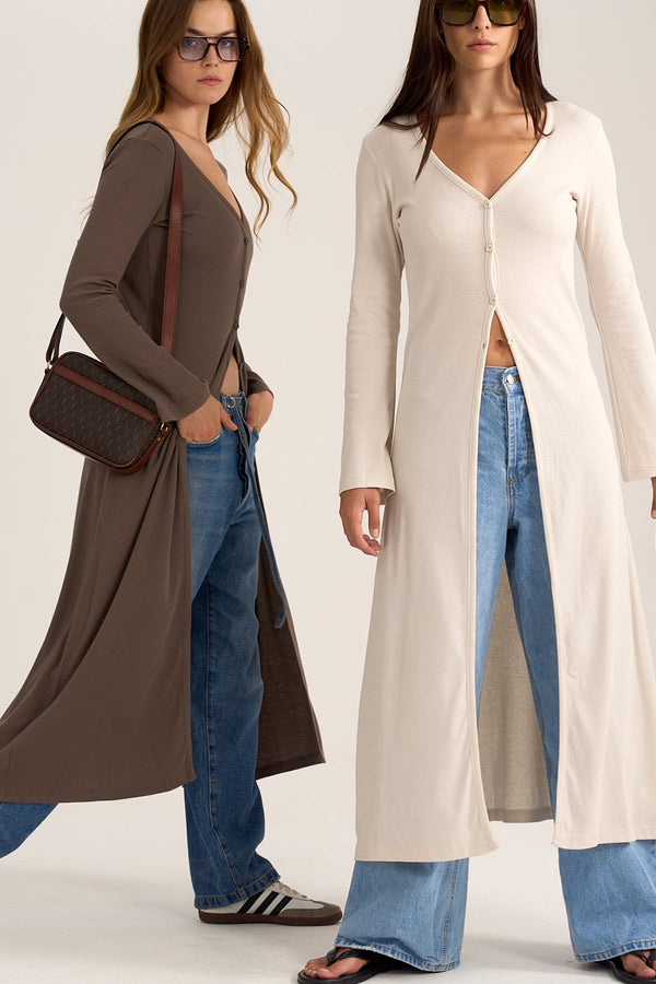 Longline Rib Cardigan in Stone