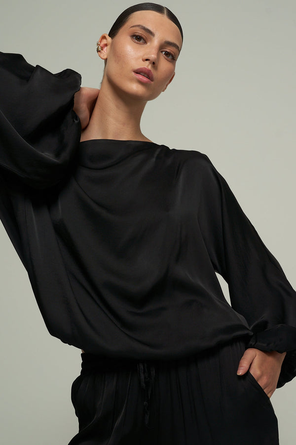 SATIN OFF THE SHOULDER TOP IN BLACK