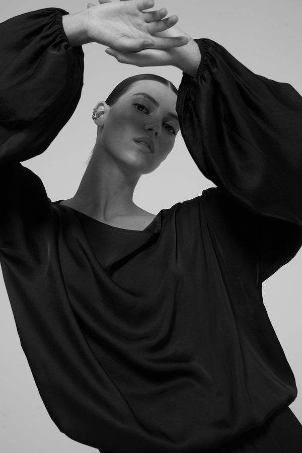SATIN OFF THE SHOULDER TOP IN BLACK