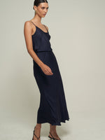 SATIN MIDI SKIRT IN NAVY