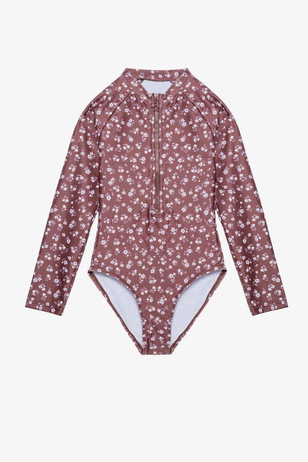 Girls Brown Floral Long Sleeve Swimsuit