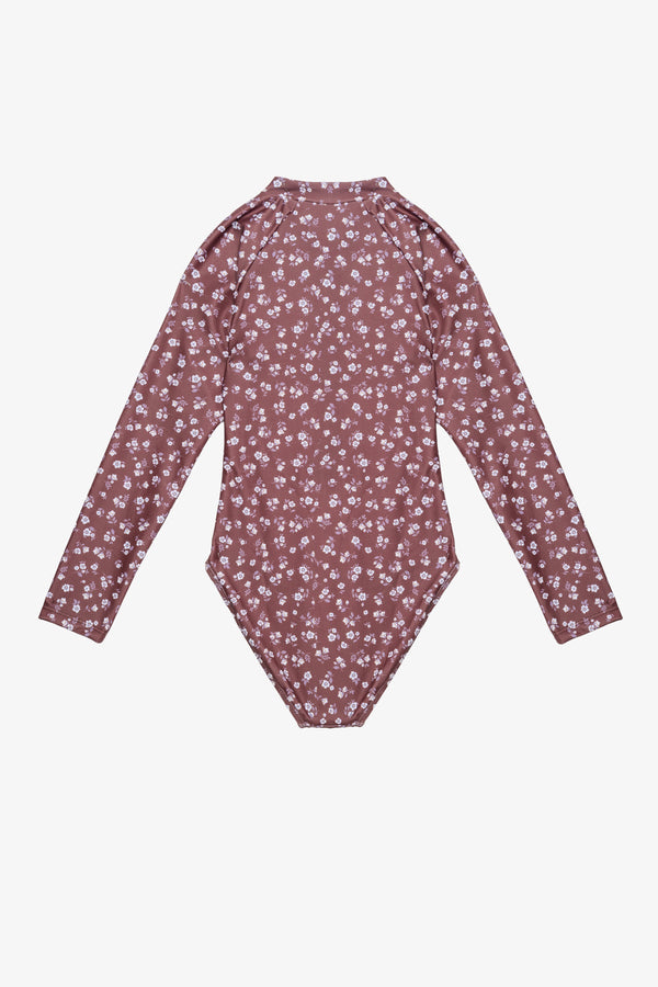 Girls Brown Floral Long Sleeve Swimsuit
