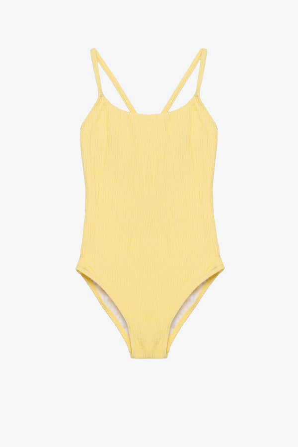 Girls Yellow Textured Criss-Cross Back Swimsuit