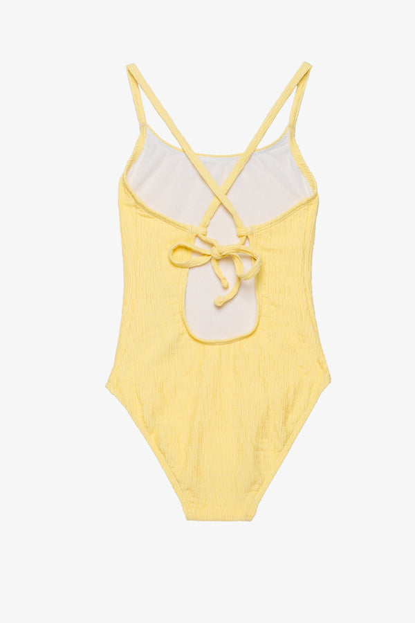 Girls Yellow Textured Criss-Cross Back Swimsuit