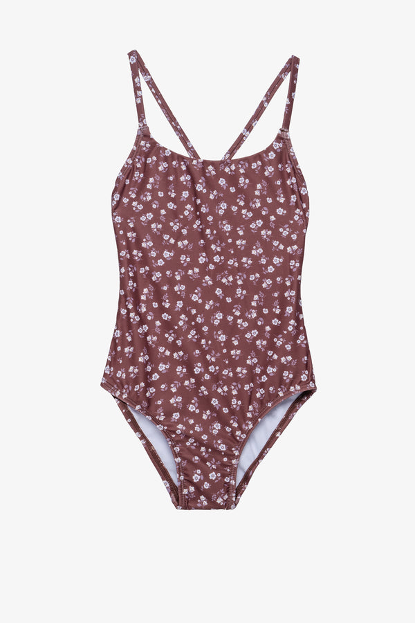 Girls Brown Floral Criss-Cross Back Swimsuit