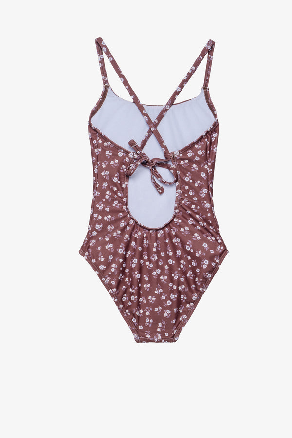 Girls Brown Floral Criss-Cross Back Swimsuit