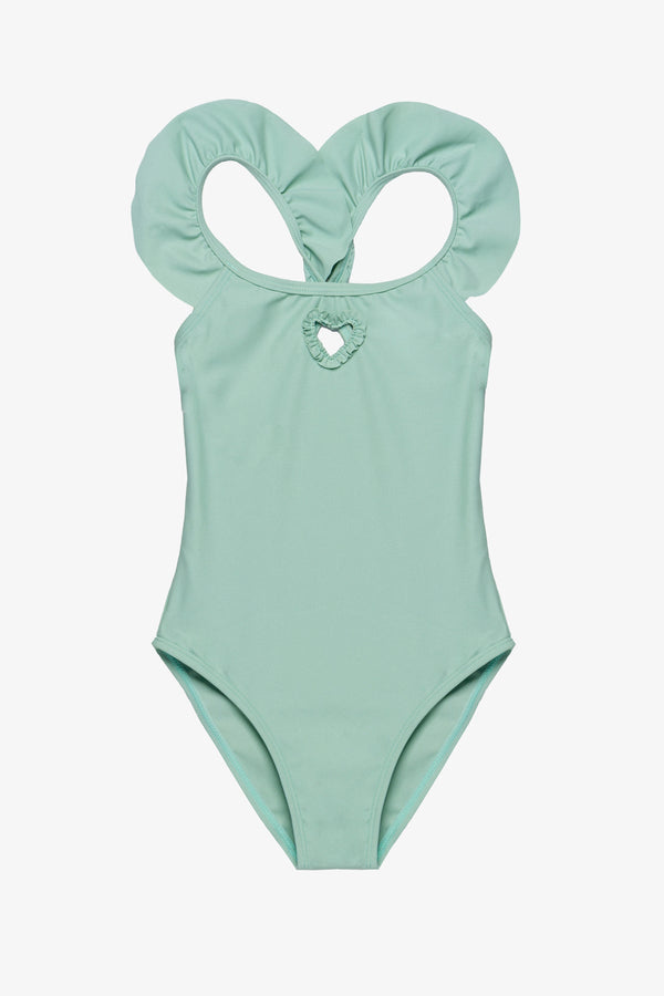 Girls Green Ruffle Strap Swimsuit