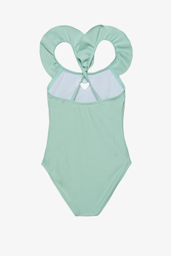 Girls Green Ruffle Strap Swimsuit