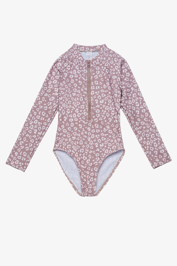 Girls Leopard Print Long Sleeve Zip Front Swimsuit