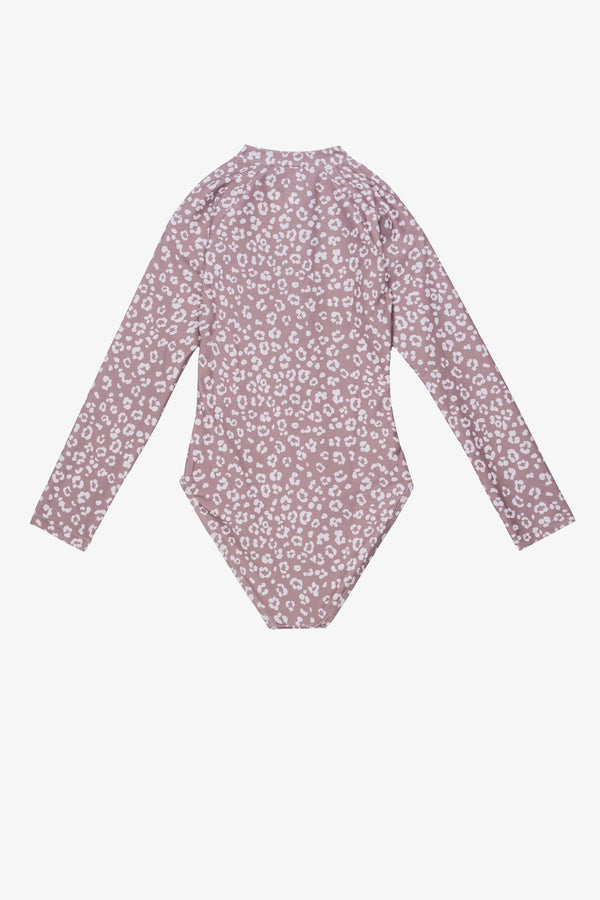 Girls Leopard Print Long Sleeve Zip Front Swimsuit