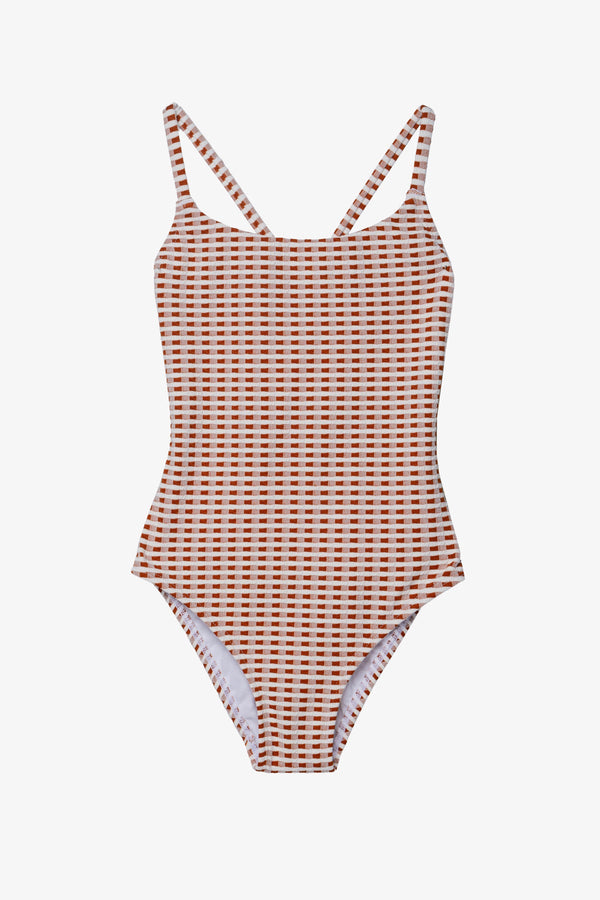 Girls Brown Textured Gingham Criss-Cross Back Swimsuit