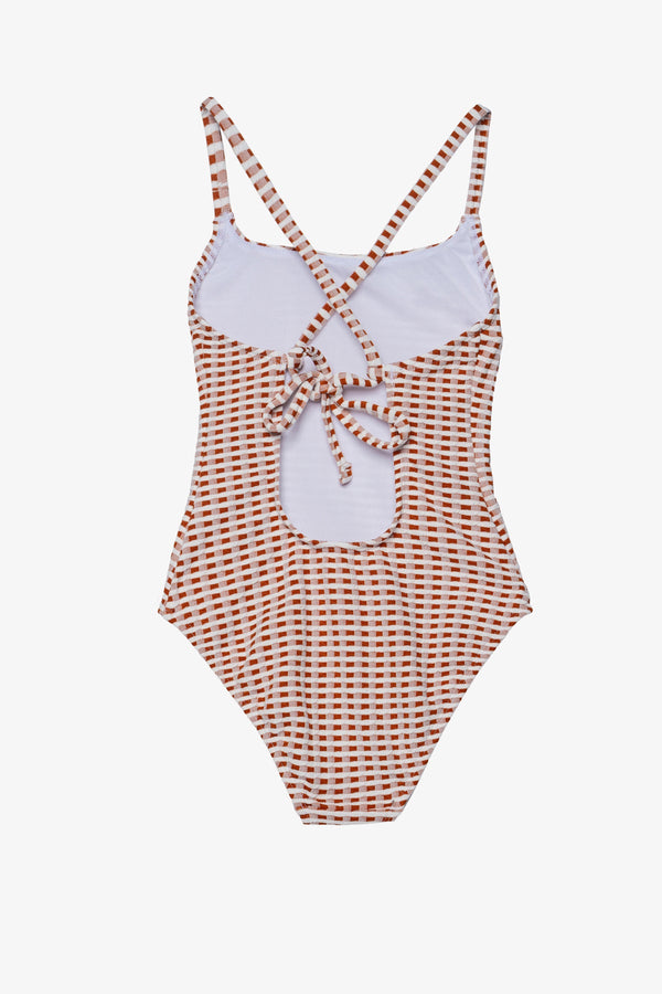 Girls Brown Textured Gingham Criss-Cross Back Swimsuit