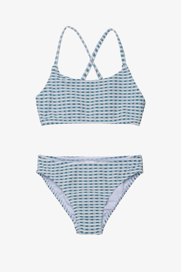 Girls Green Textured Gingham Bikini Set with Criss-Cross Straps