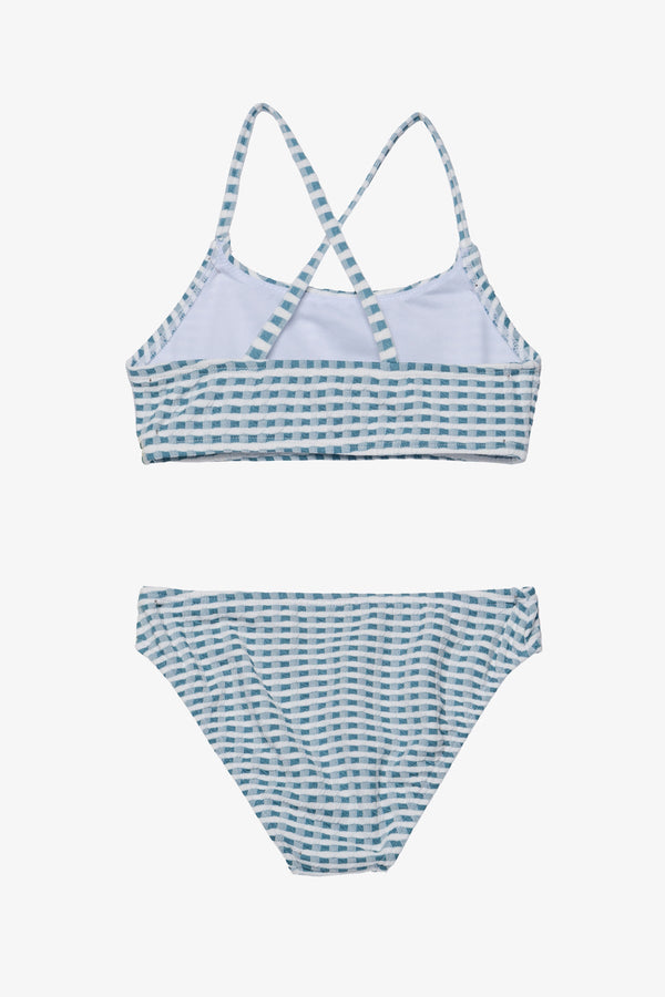Girls Green Textured Gingham Bikini Set with Criss-Cross Straps