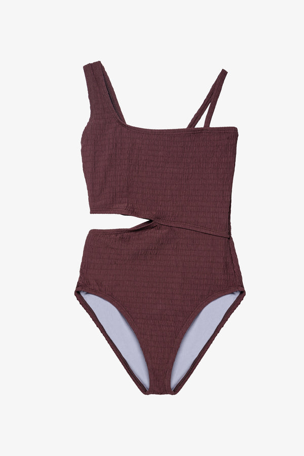 Girls Brown Textured One-Shoulder Swimsuit