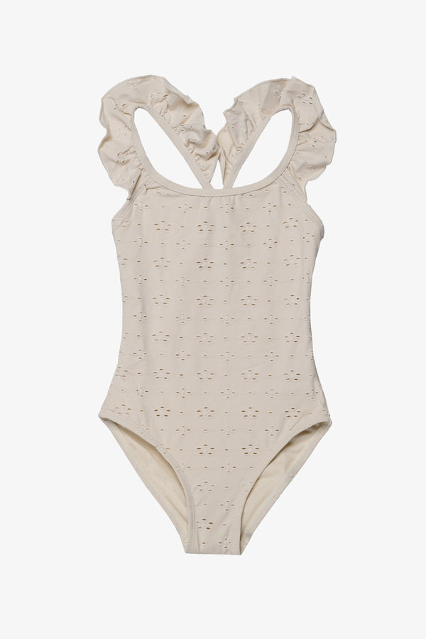 Girls Ivory Floral Lace Ruffle Swimsuit with Criss-Cross Back