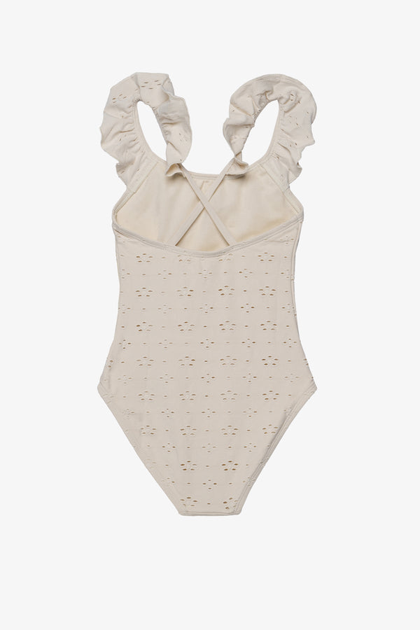 Girls Ivory Floral Lace Ruffle Swimsuit with Criss-Cross Back