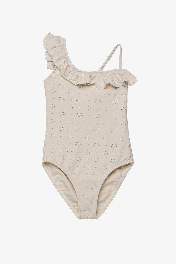 Girls Ivory Lace Ruffle One-Shoulder Swimsuit