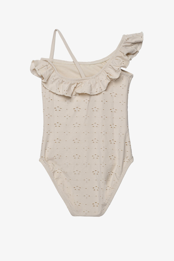 Girls Ivory Lace Ruffle One-Shoulder Swimsuit
